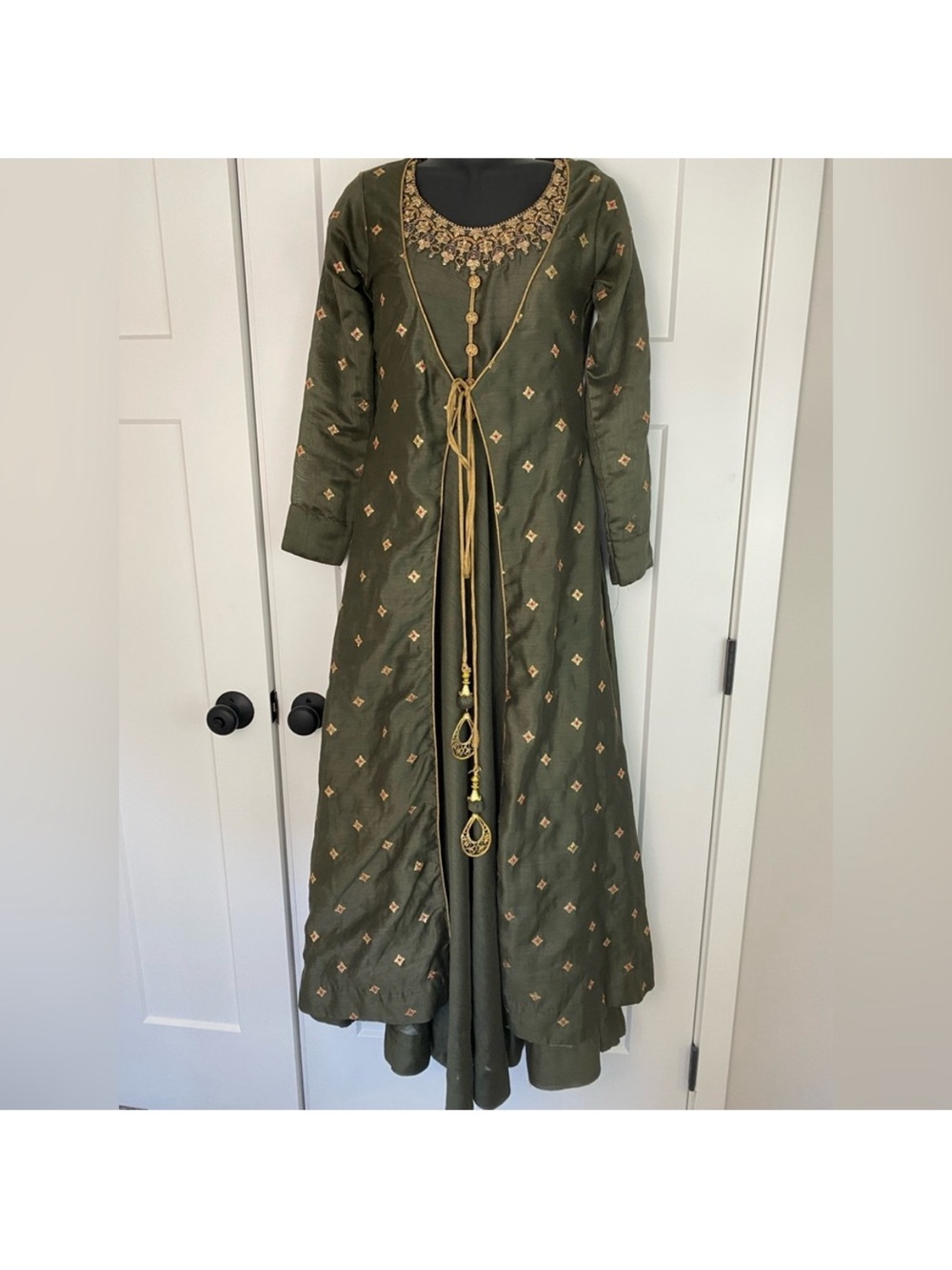 3pc Olive Green Embroidered Silk Anarkali Dress w Gold Accents